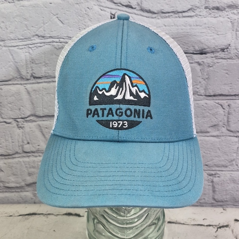 Patagonia Hat Cap Snap Back Mens One Size Blue Gray Trucker Mountain Logo 1973